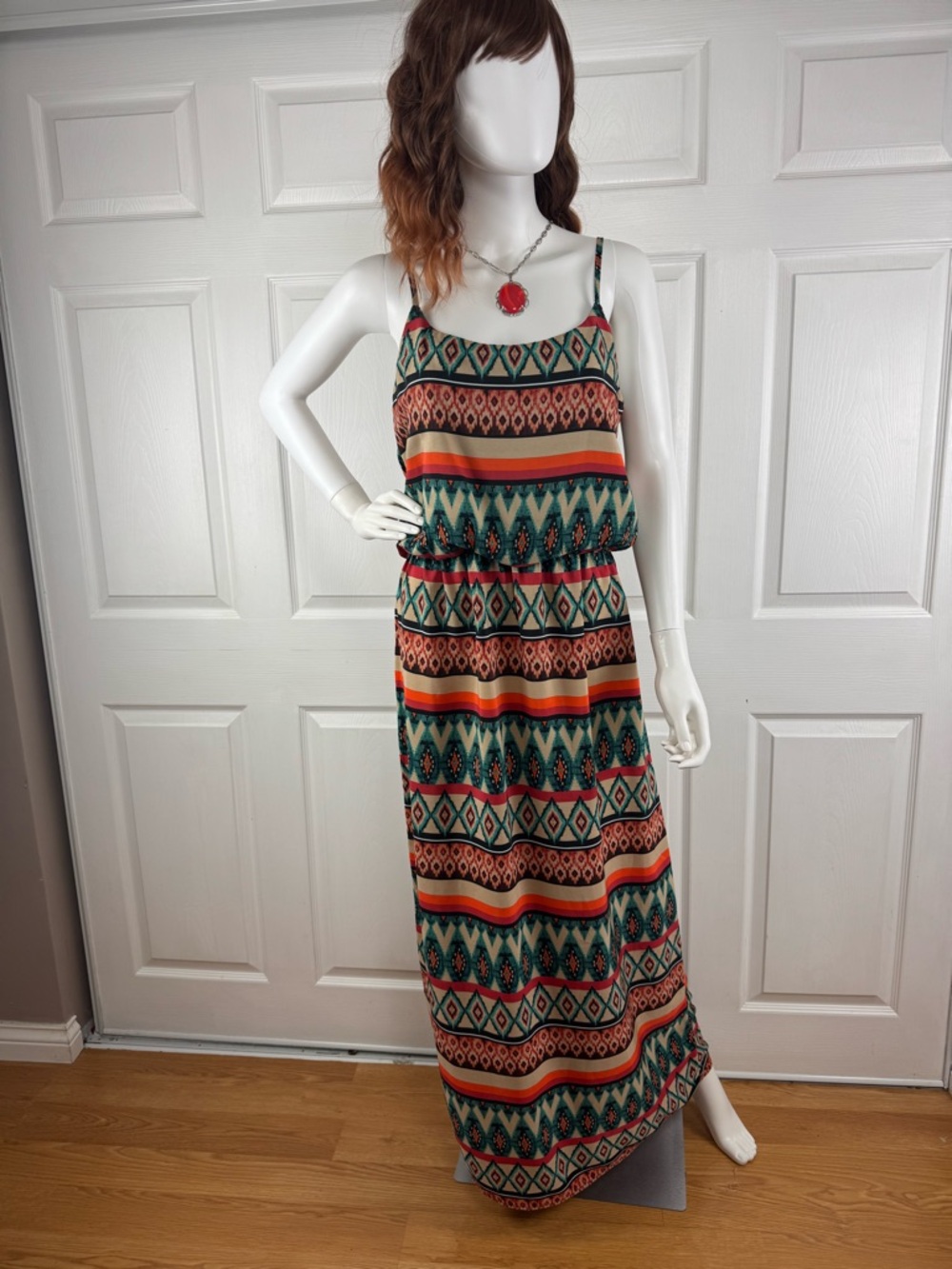 by & by Striped Tribal Maxi Dress in Green, Orange & Red